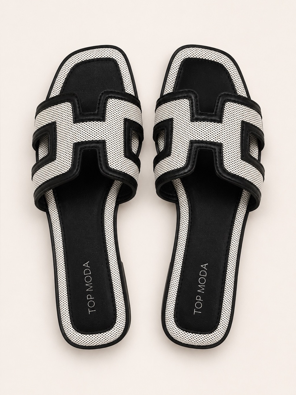 NEW TOP Moda H Cutout Slide Sandals 7.5 White Cream Black Designer Inspired Rio